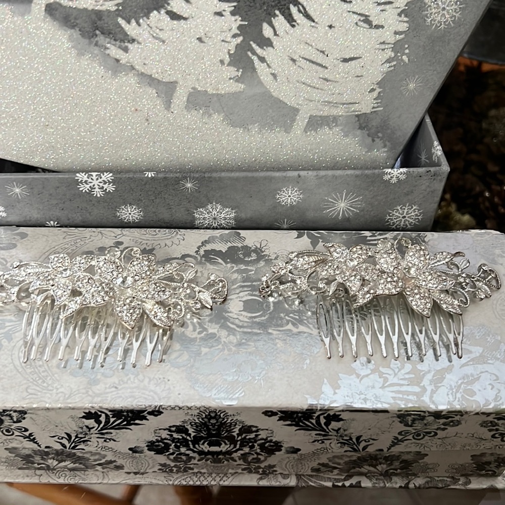 2 wedding silver flower small rhinestone